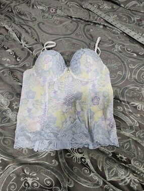 Y2k Ladies Bed Of Roses Lace-Trim Floral Bustier Pastel Yellow Lavender Blue 34b